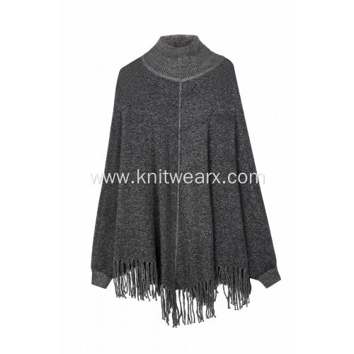 Women's Knitted Stretchable Turtleneck Tassels Poncho Cape